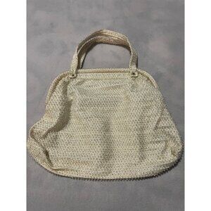 Vintage Cream Beaded Evening Bag With Dual Handles & Cream Satin Lining